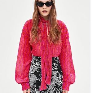 Zara Pink metallic bow tie blouse